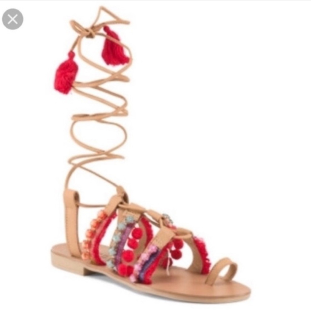 Barbara Barbieri Lace Up Tassel Pom Pom Studded Sandals, Size 9
